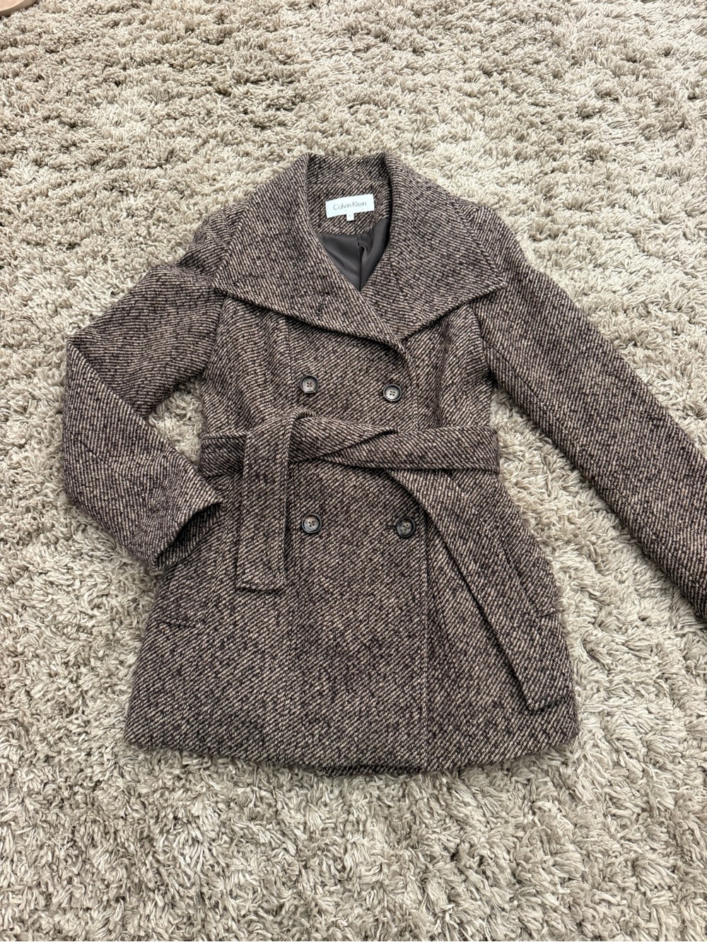 Calvin Klein Brown Tweed Double-Breasted Belted Peacoat